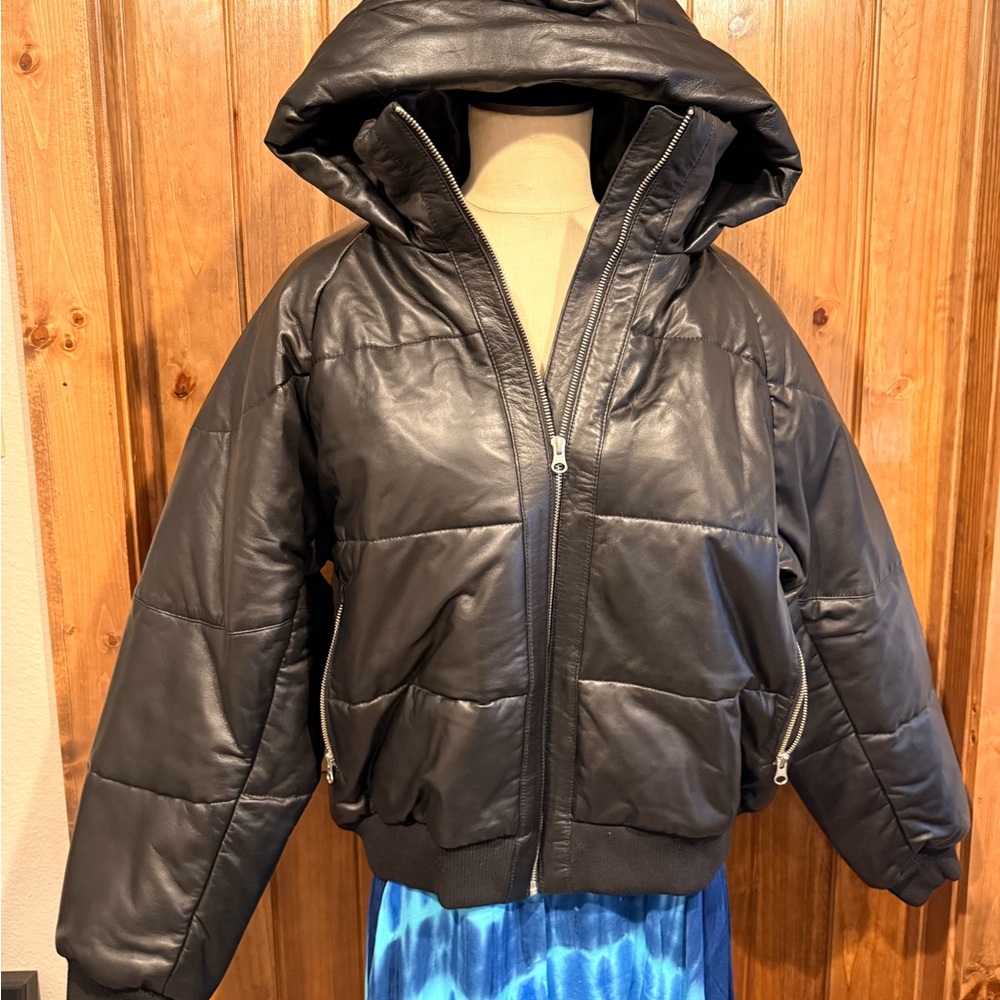Quince Black Leather Puffer Bomber Jacket with Hood